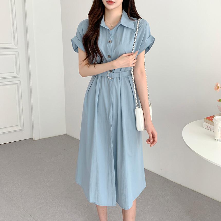 앤제이 여름 6월 7월 결혼식 하객룩 하객 하늘색 소라색 핑크 카라 롤업 벨트 주름 A라인 플레어 반팔 롱 셔츠 원피스